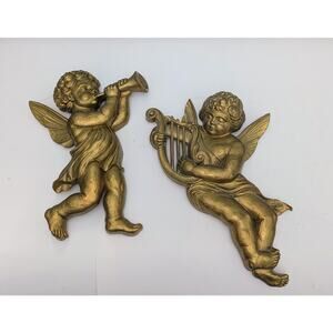 1963 LARGE Gold Syroco Musical Cherubs Angels Wall Plaques 16" Tall Vintage